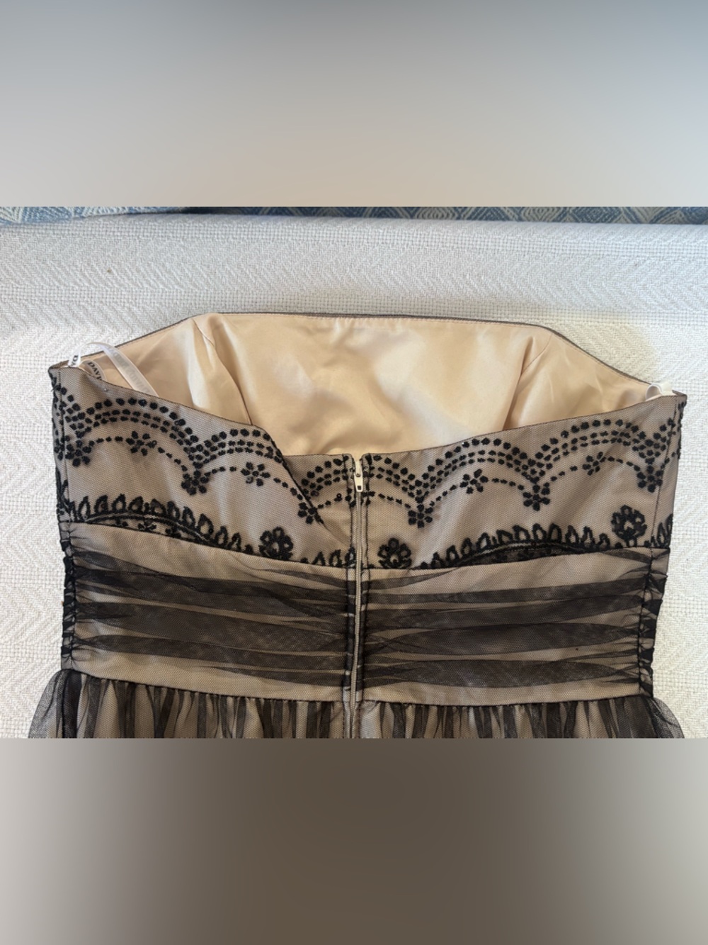 🩷David's Bridal Taupe Strapless Dress with Black Lace - Picture 5 of 13